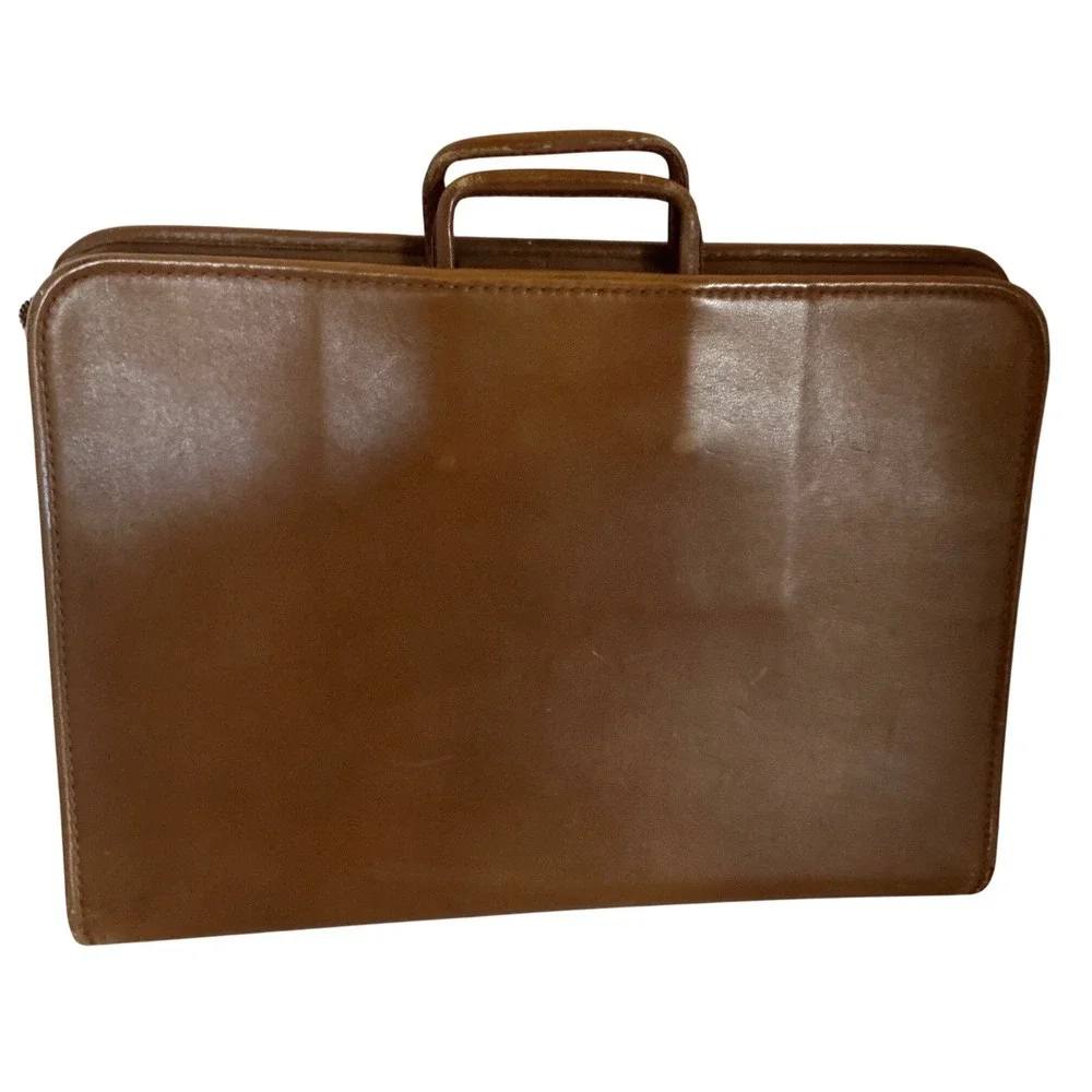 Vintage Leather Briefcase Slim Document Portfolio Brown Retractable Handle L 16